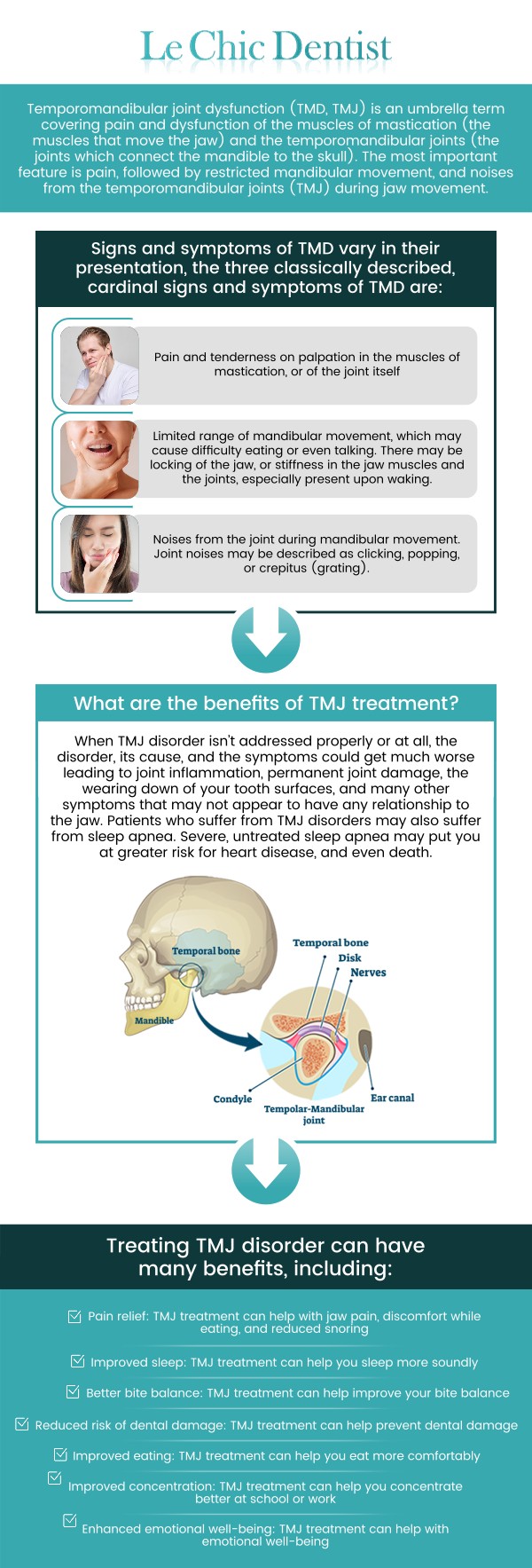 TMJ treatment helps relieve jaw pain, headaches, and discomfort caused by temporomandibular joint disorders. At Le Chic Dentist, Dr. Maryam Hadian, DDS, offers personalized TMJ therapy focused on restoring balance and comfort to your jaw. Using advanced diagnostic tools and gentle, non-invasive methods, our team identifies the root cause of your symptoms and develops a treatment plan tailored to your needs. For more information, contact us today or schedule an appointment online. We are conveniently located at 3755 Sawtelle Blvd, Los Angeles, CA 90066. TMJ treatment helps relieve jaw pain, headaches, and discomfort caused by temporomandibular joint disorders. At Le Chic Dentist, Dr. Maryam Hadian, DDS, offers personalized TMJ therapy focused on restoring balance and comfort to your jaw. Using advanced diagnostic tools and gentle, non-invasive methods, our team identifies the root cause of your symptoms and develops a treatment plan tailored to your needs. For more information, contact us today or schedule an appointment online. We are conveniently located at 3755 Sawtelle Blvd, Los Angeles, CA 90066.